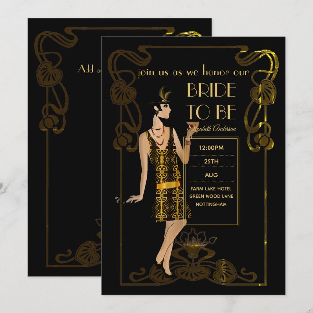 Inbjudan till Möhippan Glitzy Black Guld-tema (Fram/baksida)