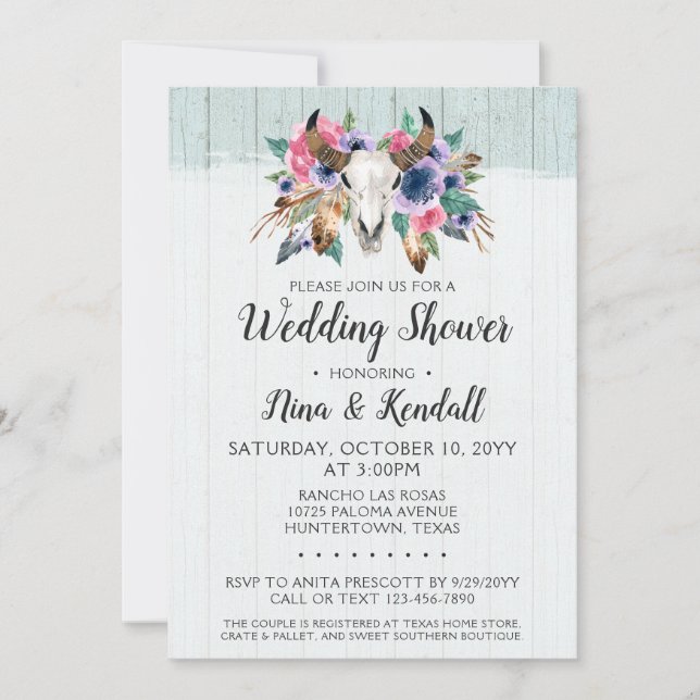 Inbjudan till Möhippan Rustic Blommigt Cow Skull (Framsida)