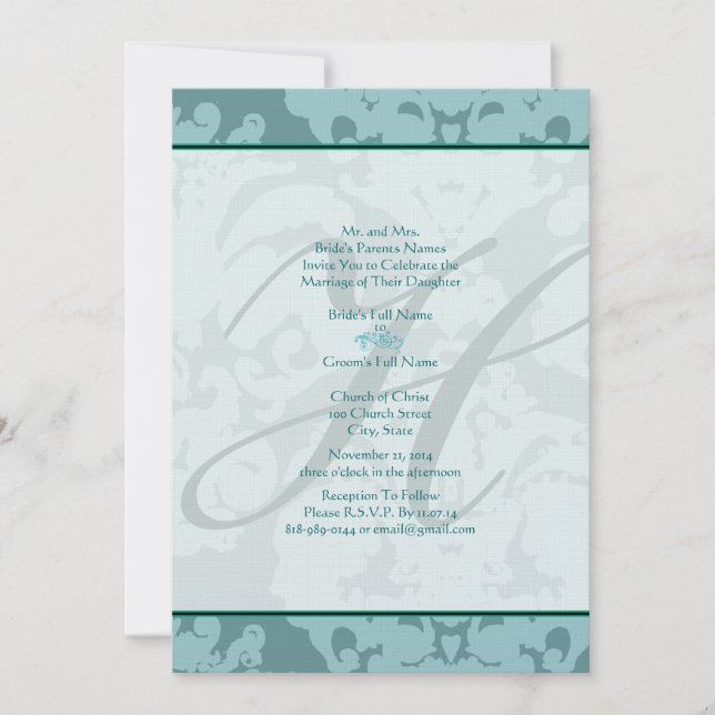 Inbjudan till Monogram Aqua Blue Damask Wedding (Framsida)