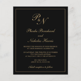 Inbjudan till Monogram Black and Guld budgetbröllo