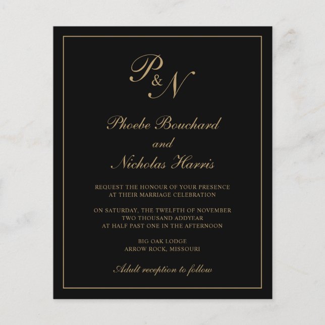 Inbjudan till Monogram Black and Guld budgetbröllo (Framsida)