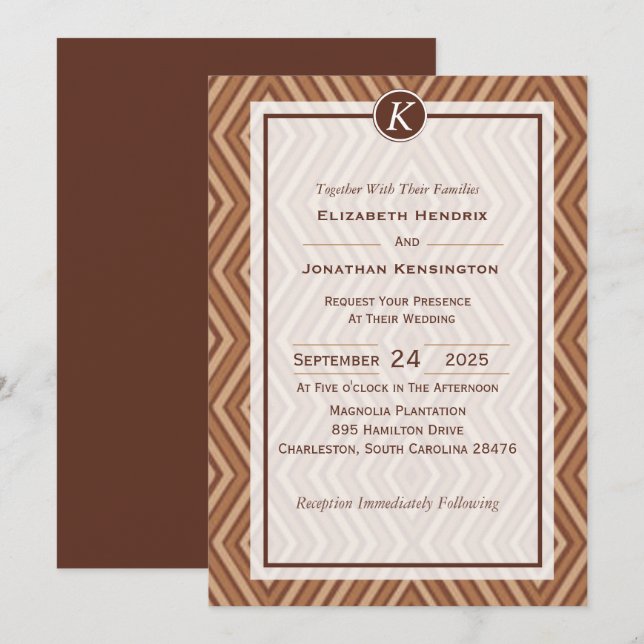 Inbjudan till Monogram Brown och Beige Wedding (Fram/baksida)