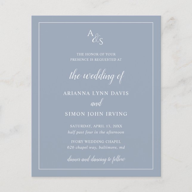 Inbjudan till Monogram Dusty Blue Budget Wedding (Framsida)