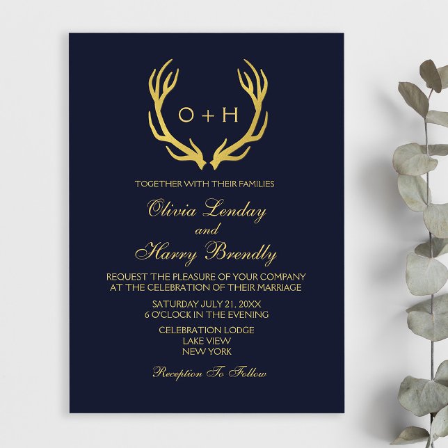 Inbjudan till Monogram Guld-marinens vita bröllop (Stylishly Personalize with Your Monogram Initials, Names & Wedding Event Information.)