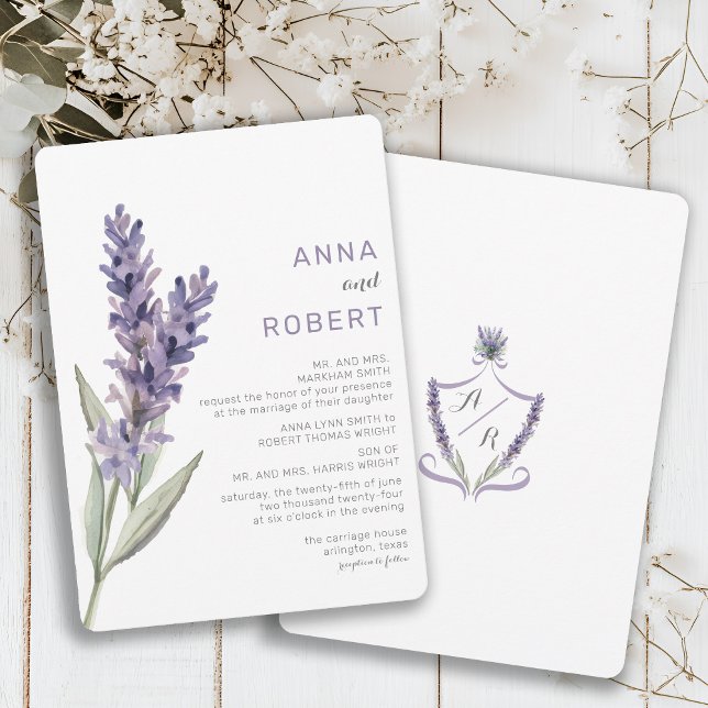Inbjudan till Monogram Lavender Watercolor Wedding (Skapare uppladdad)