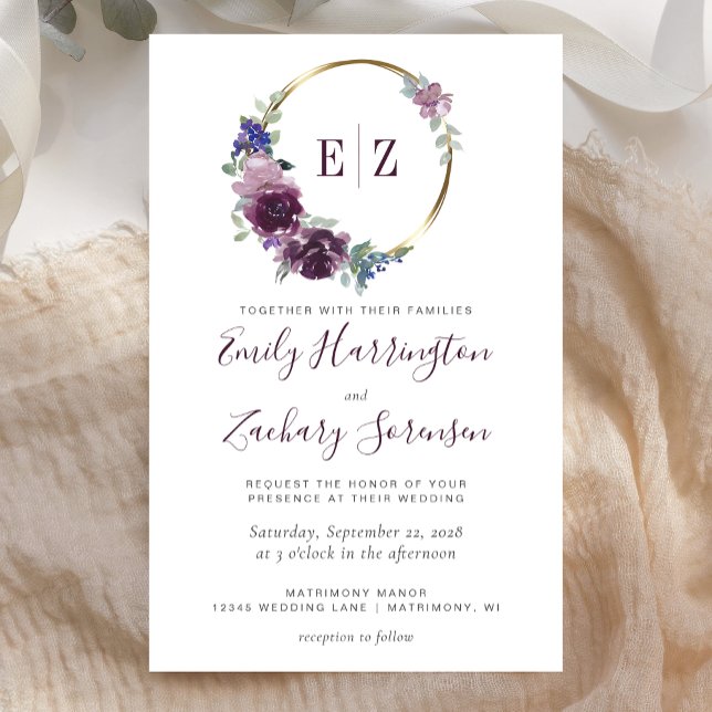 Inbjudan till Monogram Lila Wandebröllop i budgete (Skapare uppladdad)