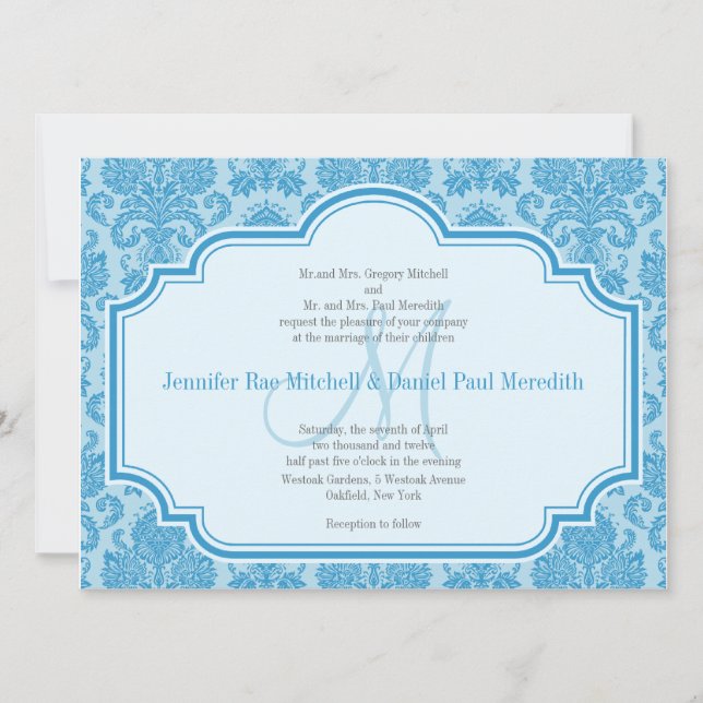 Inbjudan till Monogram M Blue Damask Wedding (Framsida)