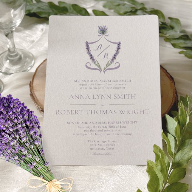 Inbjudan till Monogram Vapensköld Lavender Elegant (Skapare uppladdad)