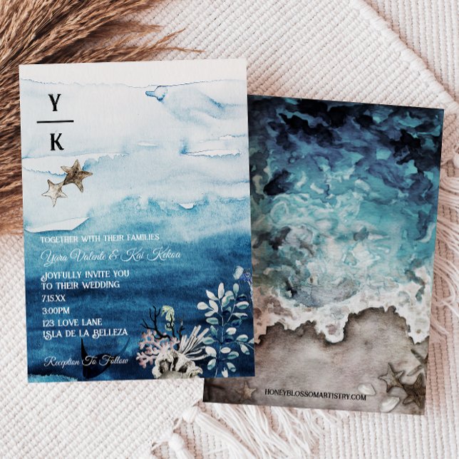 Inbjudan till monogrambröllop i Rustic Ocean (Skapare uppladdad)