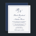Inbjudan till monogrammarint blått budgetbröllop<br><div class="desc">Traditionell bröllopsinbjudan till stil-budget med en enkel och klassisk design med dina två första monogram och namn i en elegant kalligrafi inuti ett tunt gräns. Allt inslag är i marinblått över en vit bakgrund och kan ändras i designredigeringsverktyget i verktyg. Denna klassutformning är perfekt för ett formellt bröllop.</div>