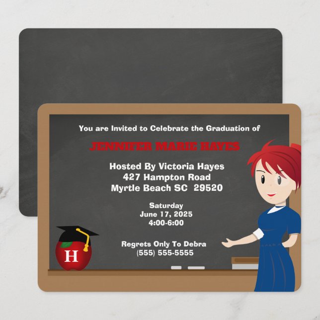 Inbjudan till Monogrammed Roligt Teacher Studenten (Fram/baksida)