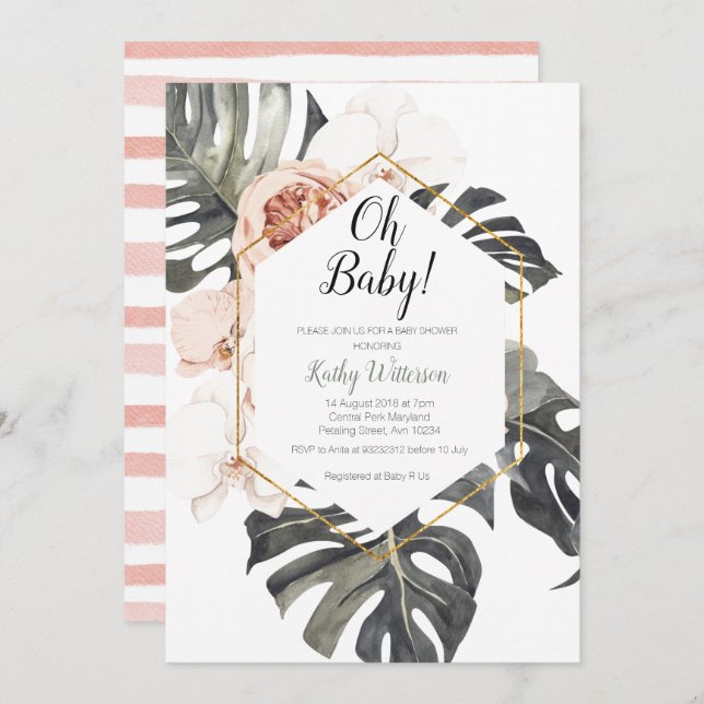 Inbjudan till monstera vattenfärg Baby Shower (Fram/baksida)