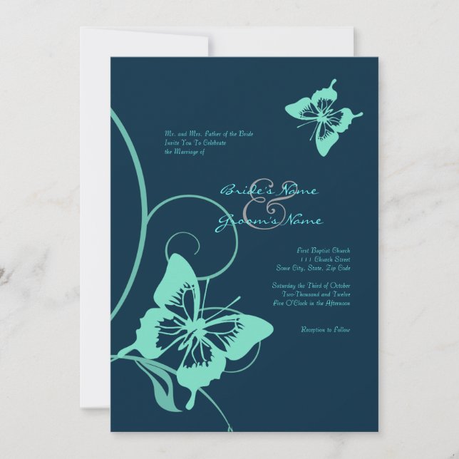 Inbjudan till Mörk blått och teal Butterfly Weddin (Framsida)