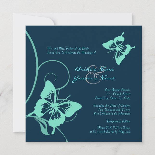 Inbjudan till Mörk blått och teal Butterfly Weddin (Framsida)