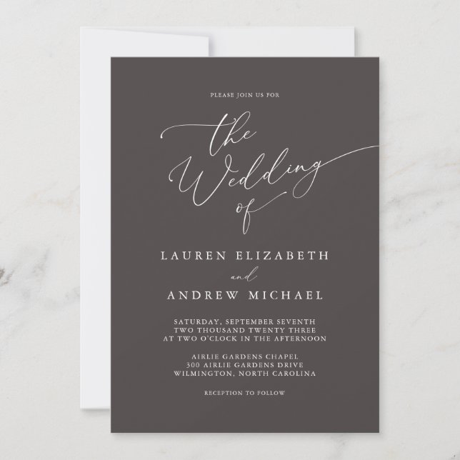 Inbjudan till mörk Brown Minimalist Rustic Wedding (Framsida)