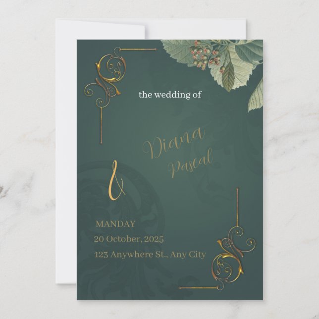 Inbjudan till mörk grönt Guld Elegant bröllop (Framsida)