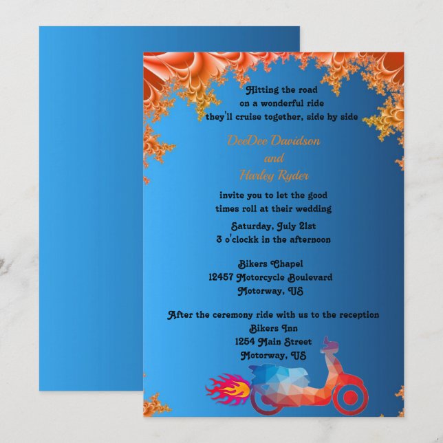 Inbjudan till motorcykelbröllop i flera färg (Fram/baksida)