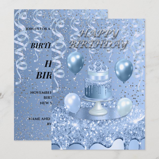 Inbjudan till mousserande blått fågeldagskaka (Fram/baksida)