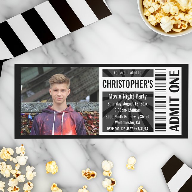 Inbjudan till Movie Biljett, Svart och vit födelse (movie party invitations with photo)
