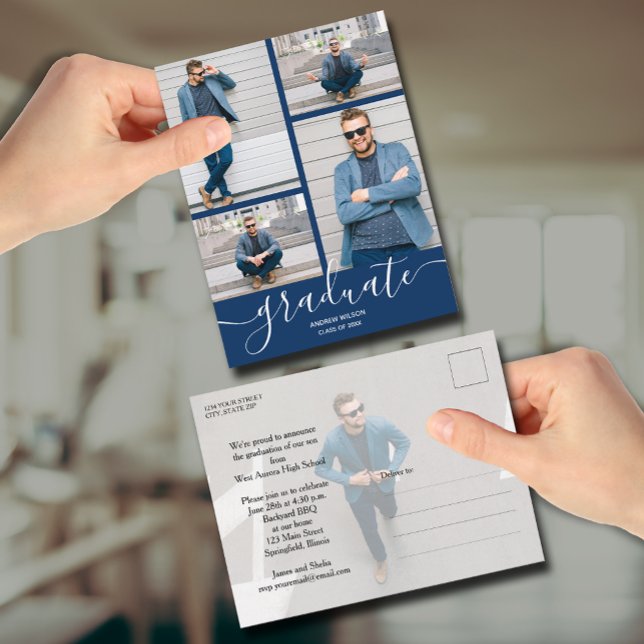 Inbjudan till Multi Photo Navy Blue Studenten (Multi Photo Navy Blue Graduation Invitation Postcards)