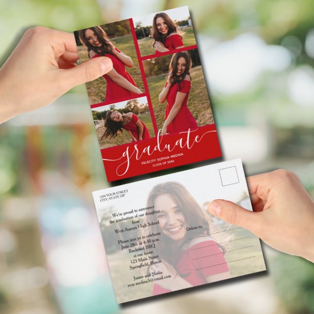 Inbjudan till Multi Photo Scarlet Red Studenten (Multi 5 Photo Graduation Party Invitation Postcards)