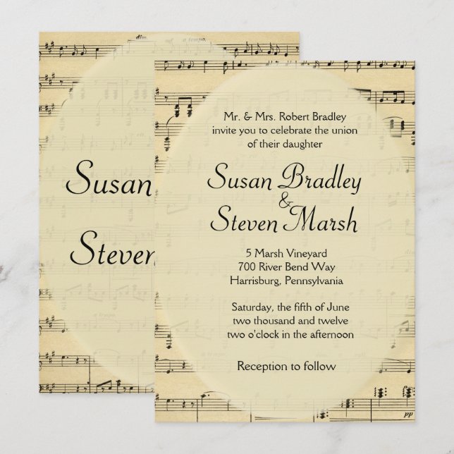 Inbjudan till musikbröllop i vintage Lakan (Fram/baksida)