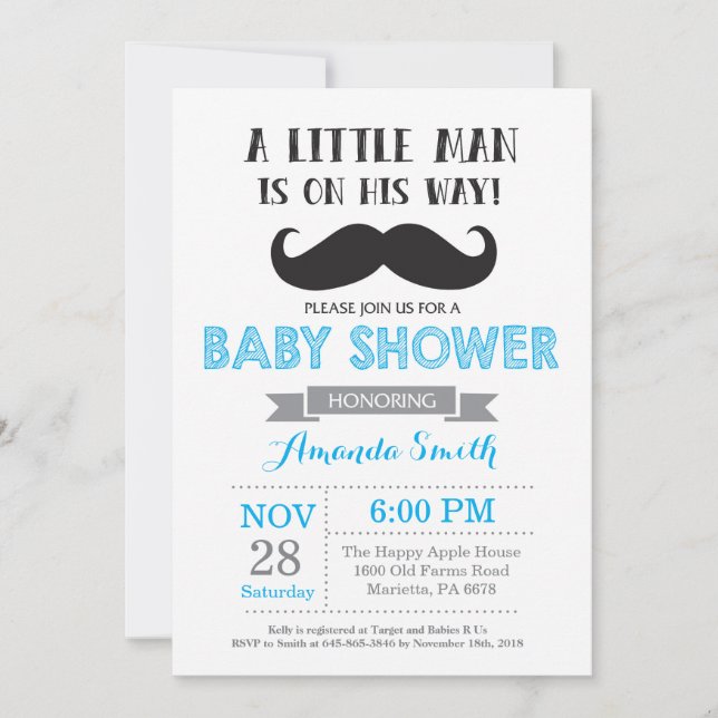 Inbjudan till Mustache Baby Shower Blue och Grått (Framsida)