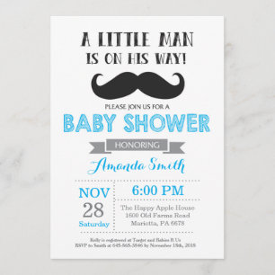 Inbjudan till Mustache Baby Shower Blue och Grått