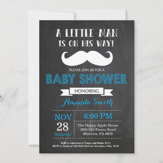 Inbjudan till Mustache Baby Shower Blue och Grått (Framsida)