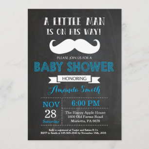 Inbjudan till Mustache Baby Shower Blue och Grått