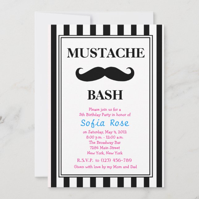 Inbjudan till Mustache Bash-födelsedagsfesten (Framsida)
