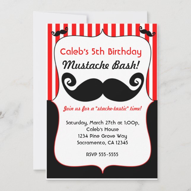 Inbjudan till Mustache Bash Red White Black Stripe (Framsida)