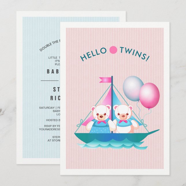 Inbjudan till nallar Twin Girl & Boy Baby Shower (Fram/baksida)