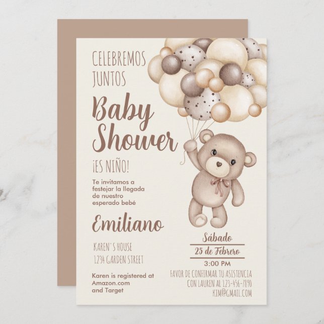 Inbjudan till nalle Baby Shower Spain (Fram/baksida)