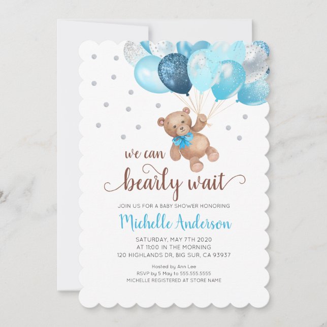 Inbjudan till nalle Barly Wait Baby Shower (Framsida)