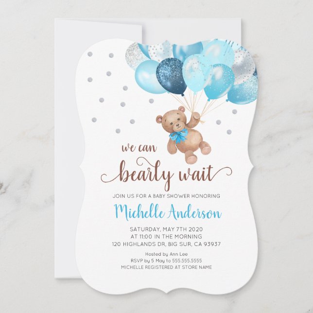 Inbjudan till nalle Barly Wait Baby Shower (Framsida)