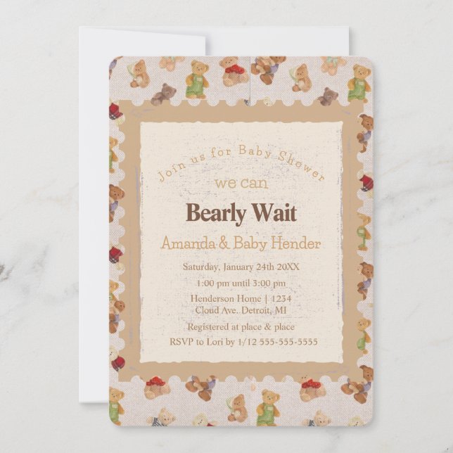 Inbjudan till nalle Barly Wait Baby Shower (Framsida)