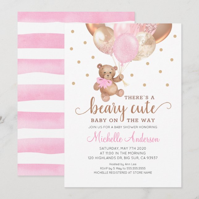 Inbjudan till nalle Beary Cute Baby Shower (Fram/baksida)