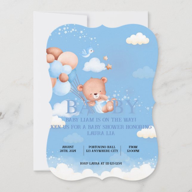 Inbjudan till nalle BLUE Baby Shower (Framsida)