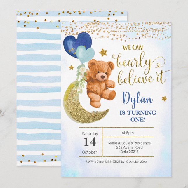 Inbjudan till nalle Blue Balloon Boy Birthday (Fram/baksida)