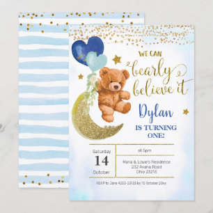 Inbjudan till nalle Blue Balloon Boy Birthday