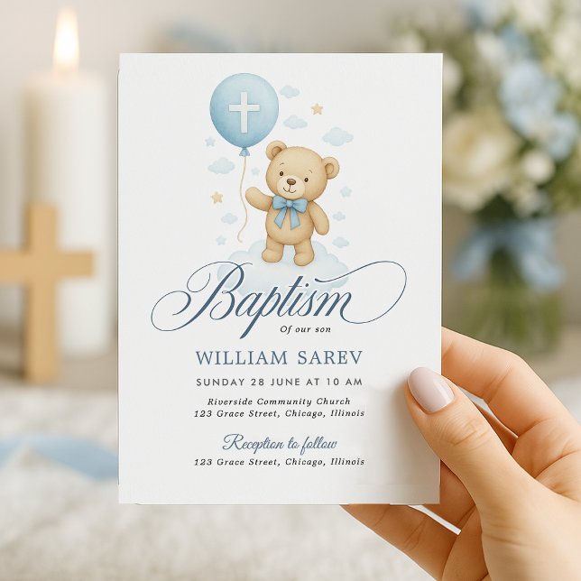 Inbjudan till nalle Blue Boy Baptism (Elegant teddy bear baptism invite with cross balloon – soft neutral design, perfect for boys)