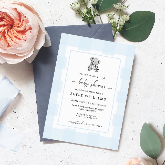 Inbjudan till nalle Blue Gingham Baby Shower (Skapare uppladdad)