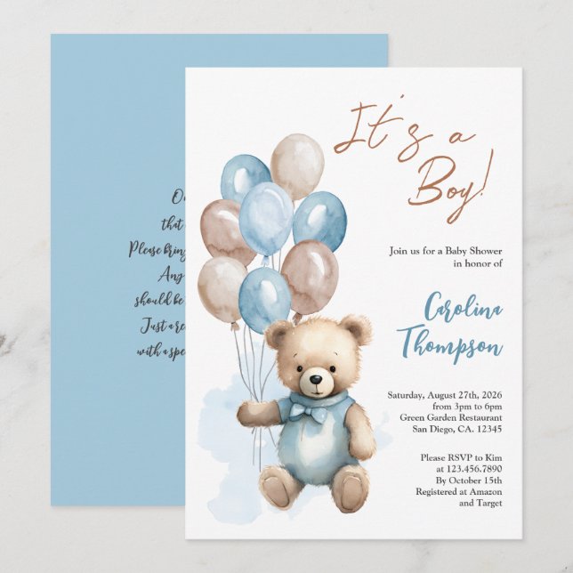 Inbjudan till nalle Boy Blue Balloons Baby Shower (Fram/baksida)