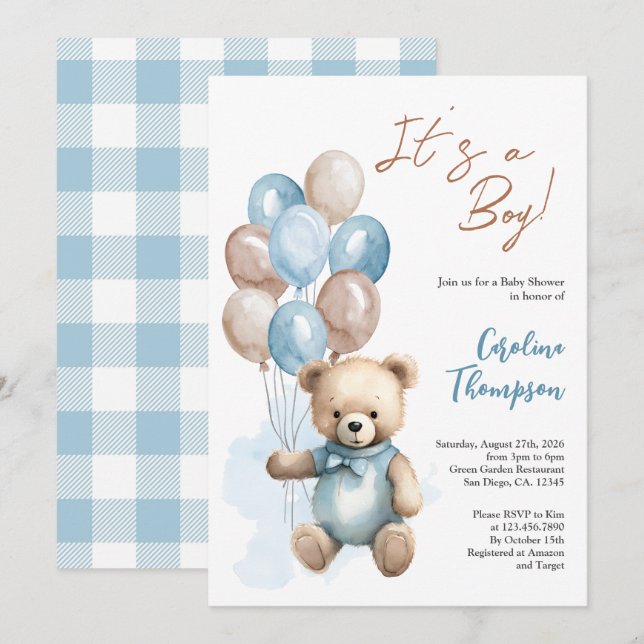 Inbjudan till nalle Boy Blue Play Baby Shower (Fram/baksida)