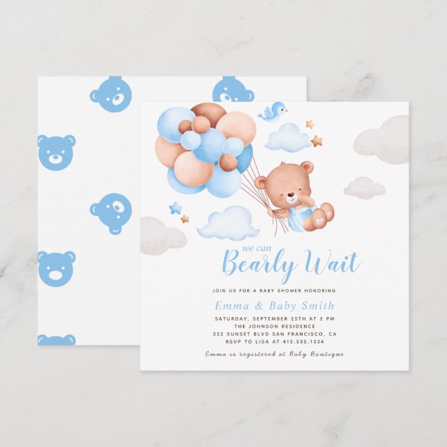 Inbjudan till nalle Boy Shower (Fram/baksida)