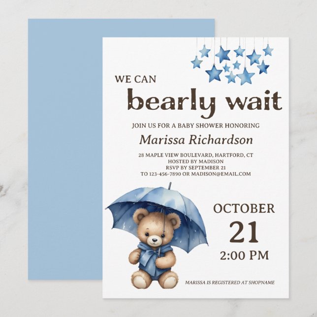 Inbjudan till nalle Boy Shower (Fram/baksida)