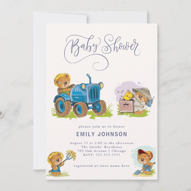Inbjudan till nalle Farm Tractor Baby Shower (Framsida)