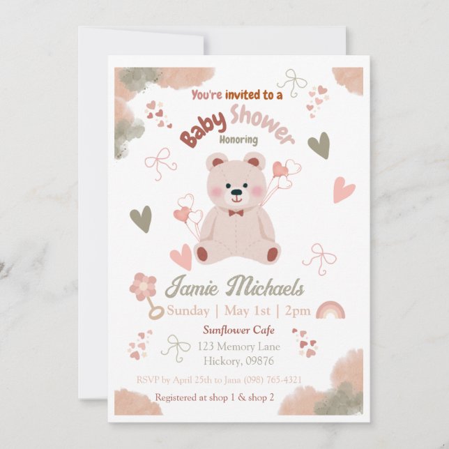 Inbjudan till nalle Flicka Baby Shower (Framsida)