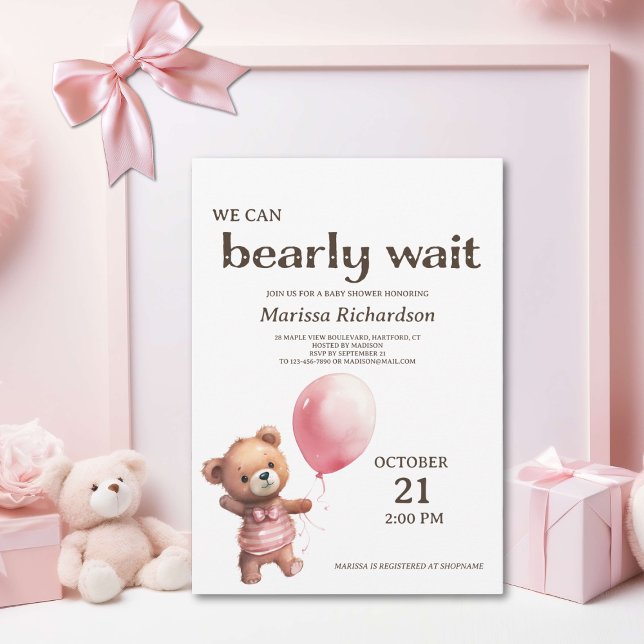 Inbjudan till nalle Flicka Shower (sweet pink teddy bear we can bearly wait baby girl shower invitation, cute classic custom invite)